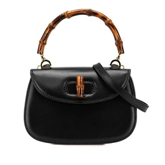 Gucci GG Bamboo 1947 Vintage Shoulder Bag Purse Black Leather Handle - Picture 1 of 15